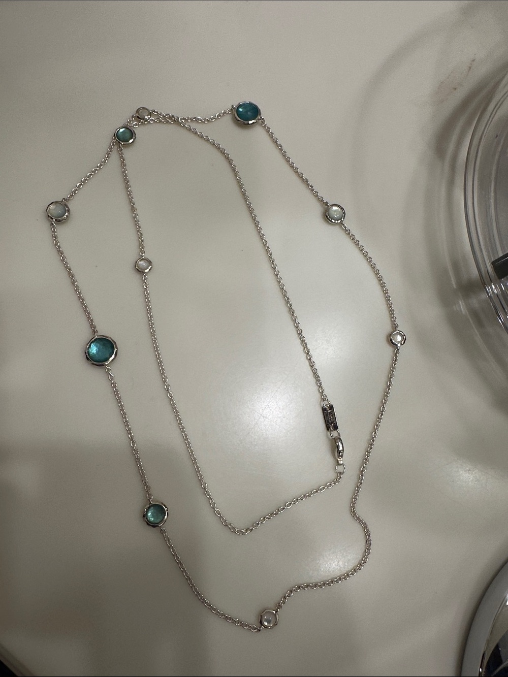 Ippolita Silver Long Station Necklace with Teal and White Stones 925